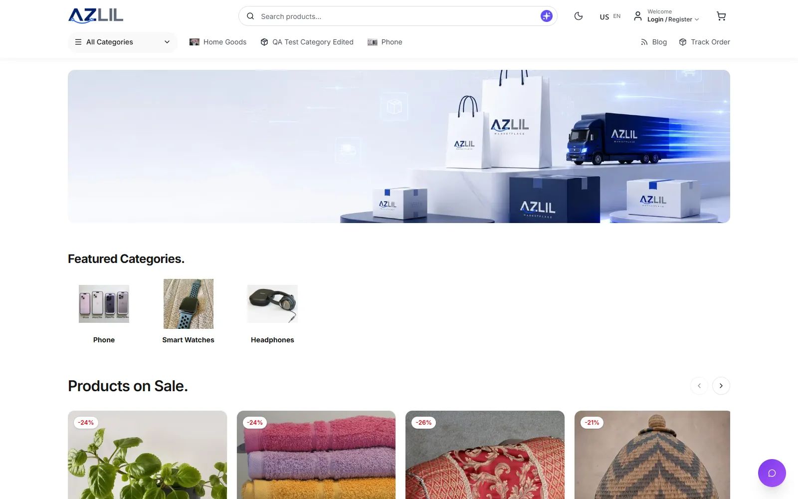 Azlil marketplace home page with featured categories and products on sale