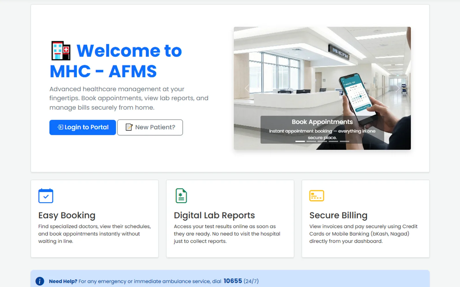 MHC-AFMS home page with booking, lab report and billing features