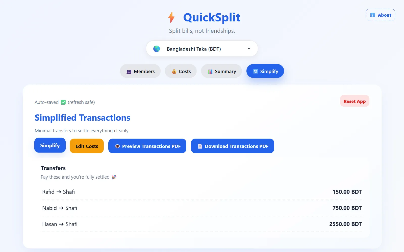 QuickSplit showing the simplified transfers that settle a group's expenses